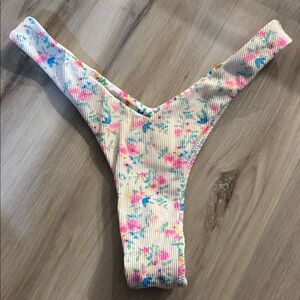 Kulani Kinis Floral Swimwear - Cream and Pink Thong Bikini Bottoms